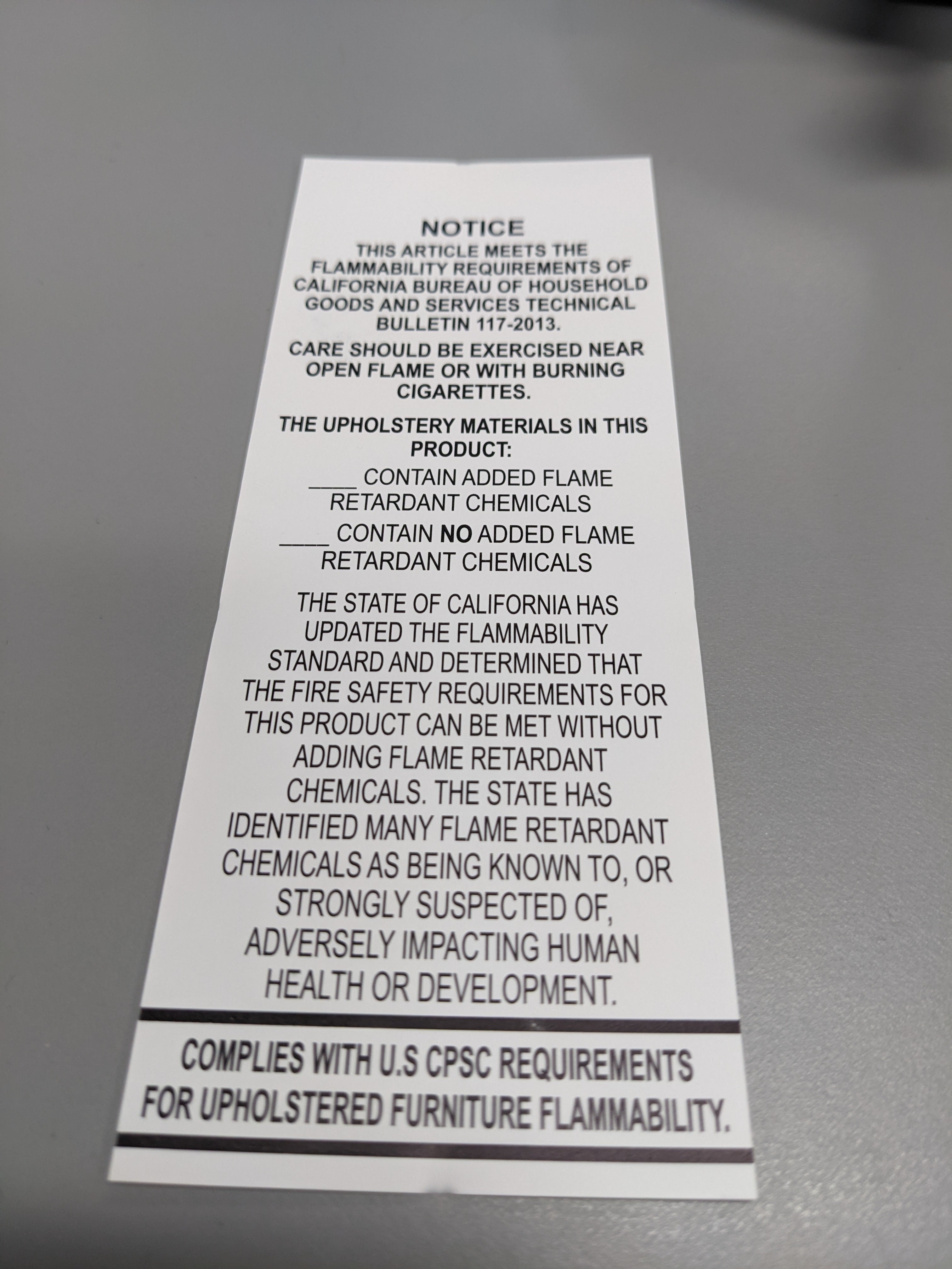 Upholstered Furniture Flammability Standard Permanent Label (16 CFR pa