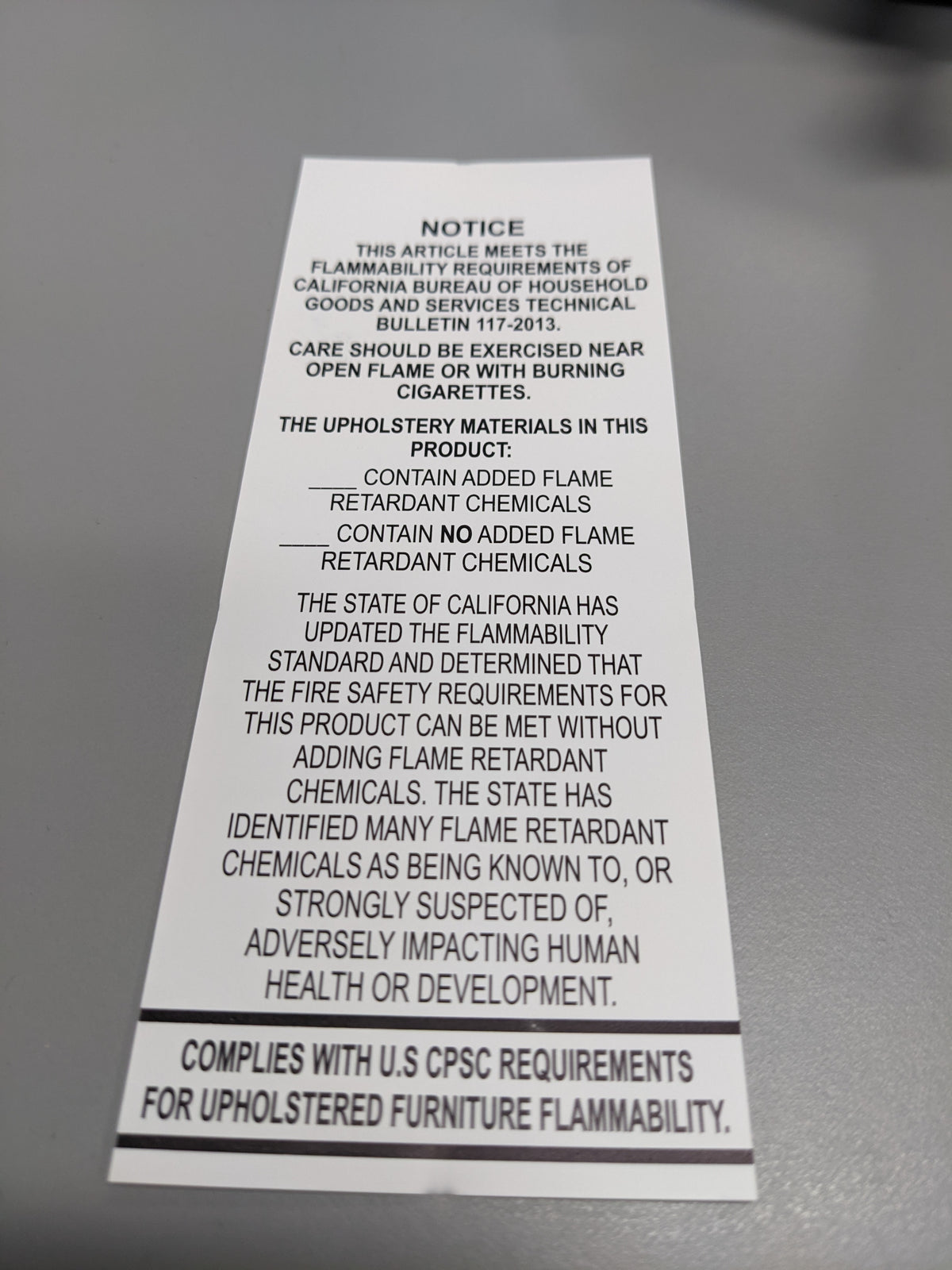 Upholstered Furniture Flammability Standard Permanent Label (16 CFR pa